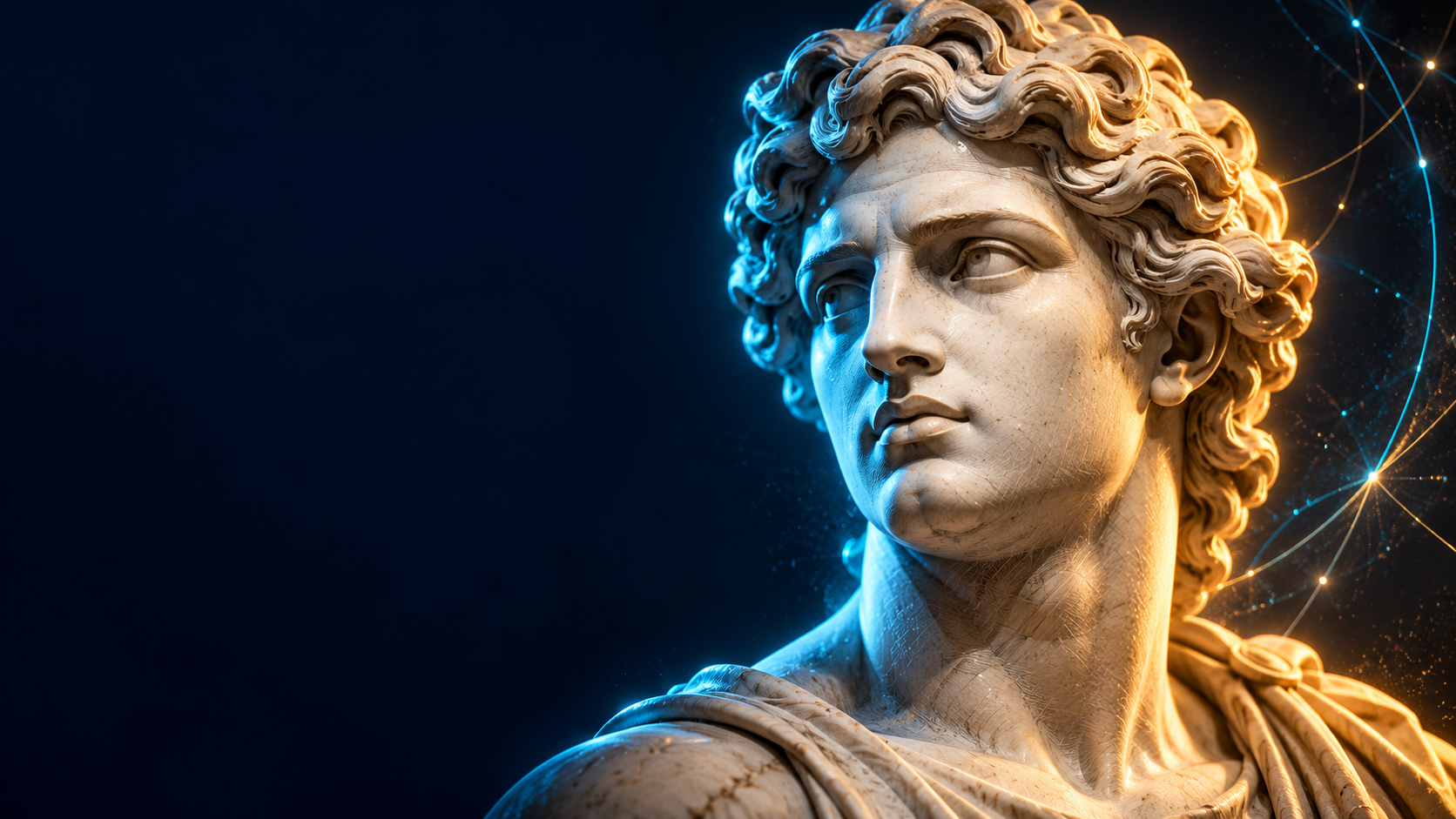 Volto di una scultura classica, reinterpretato con incisioni sottili e luce azzurra e oro